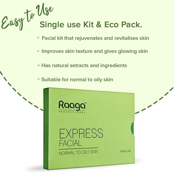 Raaga Professional Express Single Use Facial Kit | For Oily & Acne-Prone Skin | 6-Step Skincare Set At Home | Cleanser, Scrub, Toner, Massage Gel, Face Mask & Sunscreen | 35g/1.23 Oz