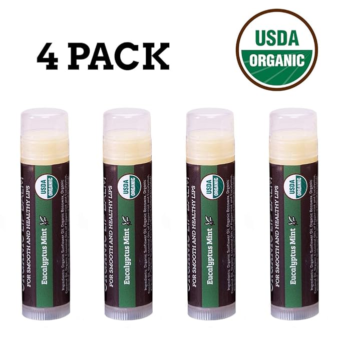 Earth's Daughter USDA Organic Lip Balm Stocking Stuffers 4-Pack Eucalyptus Mint Flavor - Beeswax, Coconut Oil, Vitamin E - Best Lip Repair Chapstick for Dry Cracked Lips.