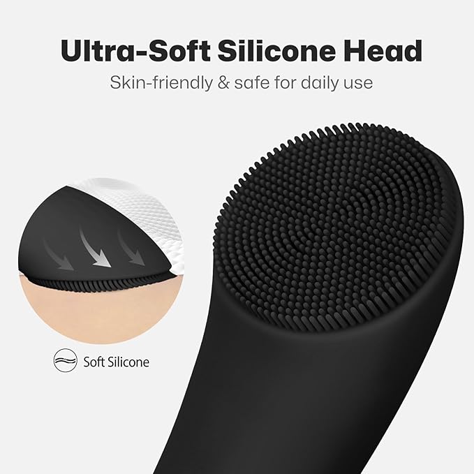 PRITECH Facial Cleansing Brush, Rechargeable Silicone Face Scrubber with Heat Massage End, Vibrating Exfoliator Scrubber for Deep Cleaning, Waterproof Face Brush for Women and Men (Black)