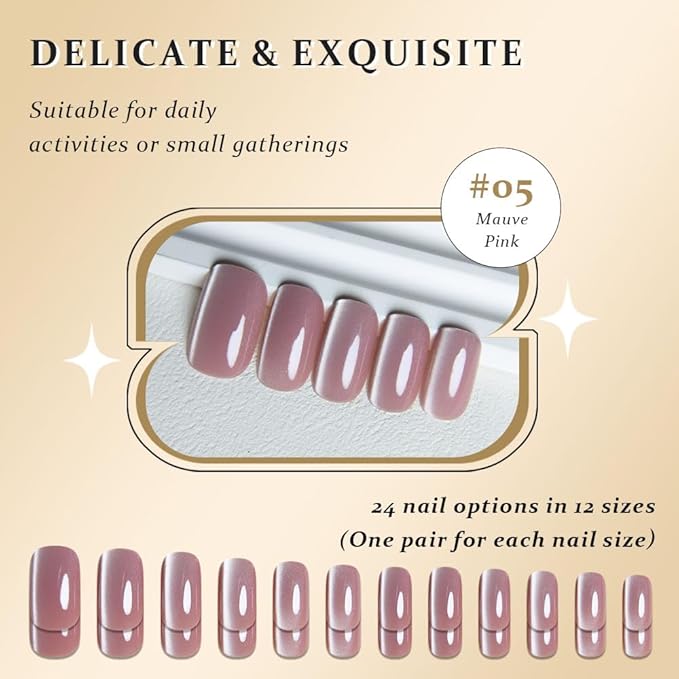 Cat Eye Mauve Pink Press On Nails Medium Long Length Square, Designer Reusable Acrylic Fake Nail with Glue, Glossy Gel Nails Wedding Party, Stick On Glue On Nail, Nails Press Ons for Women