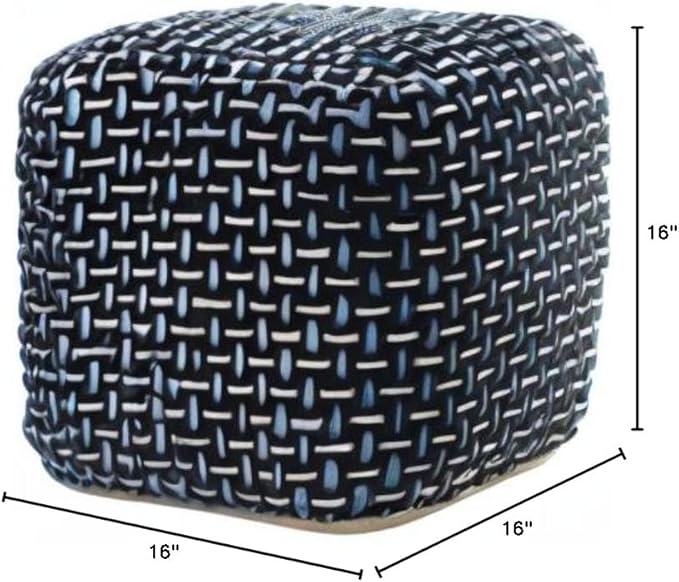 L. R. Resources, Inc. LR Home Hand-Woven Black/White/Blue Geometric Cotton Square Ottoman Pouf for Home Decor | Indoor Foot Rest for Bedroom & Living Room | 16 x 16 x 16 Stuffed Ottoman for Seating