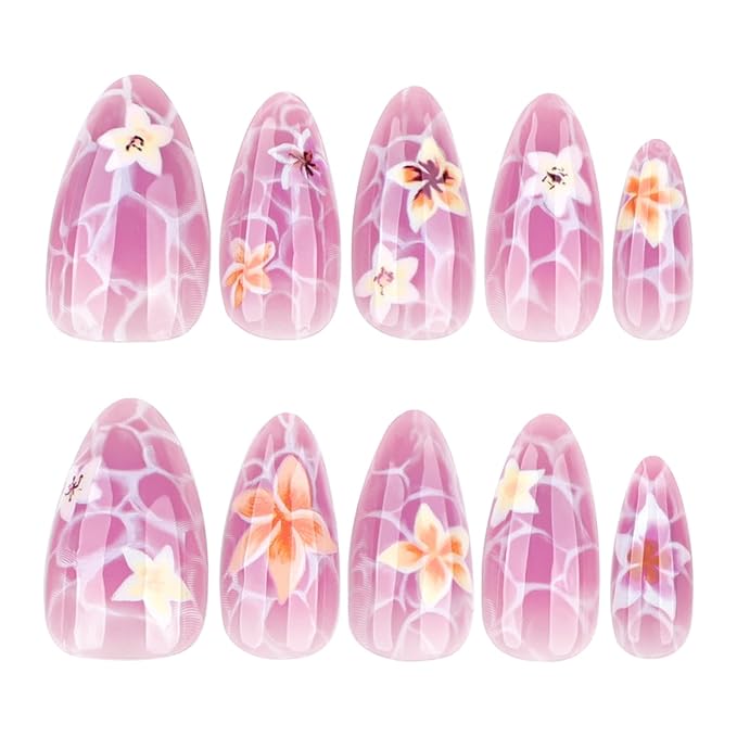 24Pcs Flower Press on Nails Medium Almond Fake Nails Marble Pattern Cute Floral Nail Art False Nails Short Almond-shaped Full Cover Reusable Artificial Nails Handmade False Nails for Women