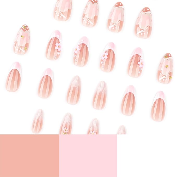 24pcs White French Tip Press on Nails Short Almond Fake Nails with 3D Pink Flower Pearl Designs Gold Beads Stick on Nails Summer False Nail Tips Cute Floral Acrylic Nails Glue on Nails for Women