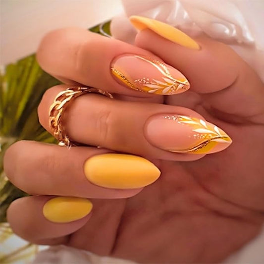 IMRAIN Almond Press on Nails Medium False Nails Yellow Full Cover Acrylic French Glue on Nails Glossy Artificial Stick on False Nails for Women 24Pcs