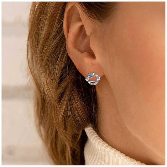 Boho Crystal Saturn Earrings Cz Orb Planet Earrings Silver Rhinestone Circle Earrings Tiny Sapphire Stud Earrings Jewelry for Women and Girls