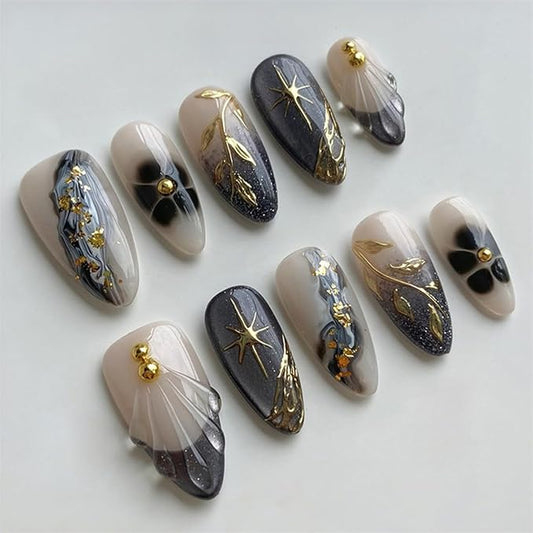 24Pcs Almond Press on Nails Medium Fake Nail with 3D Leaf Designs Marble Nail Art Gold Leaves Acrylic Nails Press ons Reusable French Tip False Nail Full Cover Floral Glue on Nails for Women