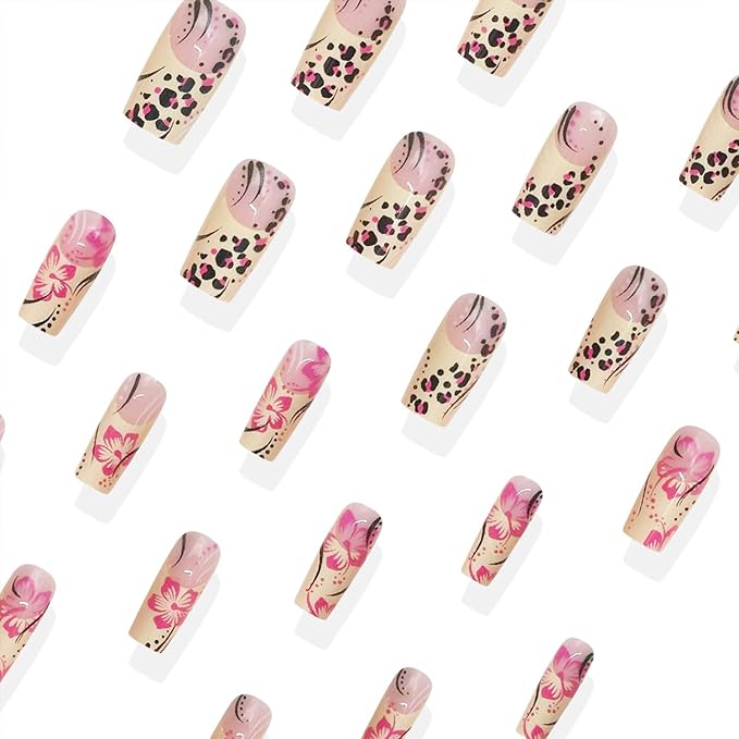 Fall French Tip Press on Nails Long Square False Nails With Pink Flower Design Full Cover Glue on Nail Reusable Withe French Tip Acrylic Fake Nails Glossy Artificial Stick on Nail for Women