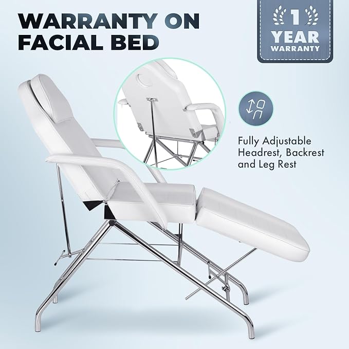 Buy-Rite Stationary Facial Bed – White Vinyl, Thick Foam Cushion, Adjustable Headrest, Backrest & Leg Rest, Removable Face Pillow & Armrests – SY-3557 – 300 lb Capacity