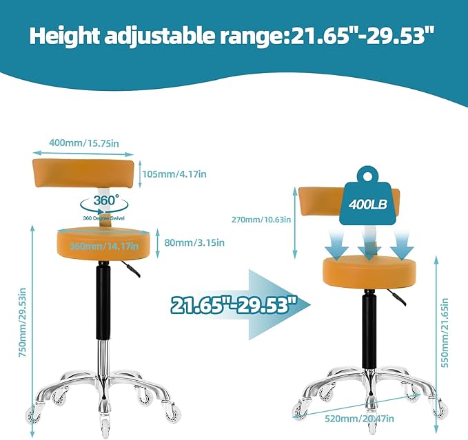 Swivel Rolling Stool Round Chair,Thick Sturdy Padding,Adjustable Stool with Wheels for Doctor,Medical,Massage Salon,Office,Shop(Camel) (Black,with Back)