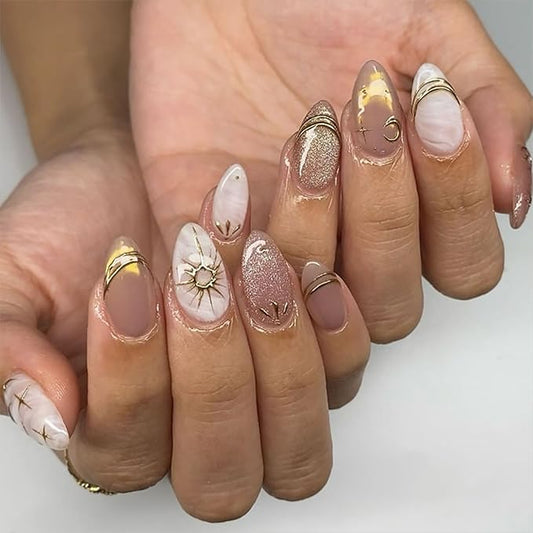 24Pcs Star Press on Nails Medium Almond Fake Nails Gold French Tip False Nails with Moom Design Nude White Full Cover Artificial Glue on Nails Glossy Stick on Nails Spring Nail Supplies for Women DIY