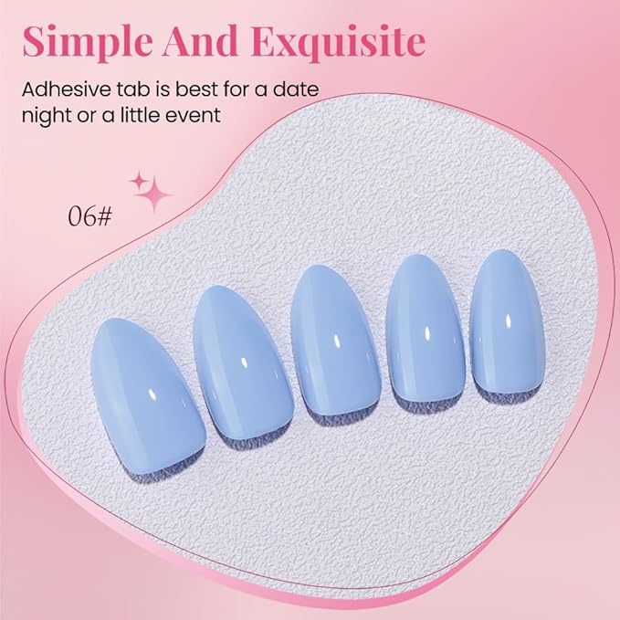 evpct Glossy Press on Nails Short Almond Short for Women, Aqua Blue Fake Nail with Glue Salon Quality Reusable Stick on Nails In 15 Sizes 30Pcs Full Cover False Nail Soft Gel Set Kit for Gift, 06