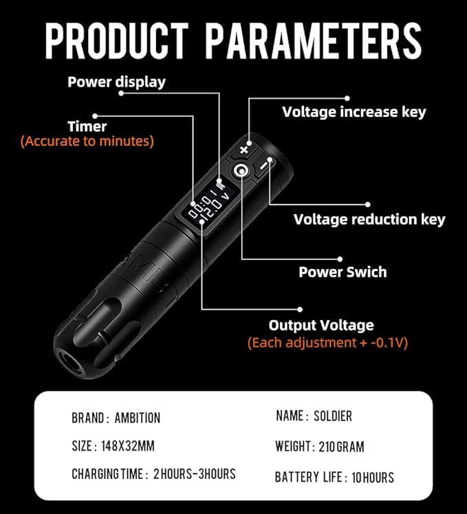 Ambition Soldier Rotary Battery Pen Tattoo Cartridge Machine with 2400mAh Wireless Power Japan Coreless Motor Digital LED Display Tattoo Equipment Supply for Professionals and Beginners Tattoo Artists