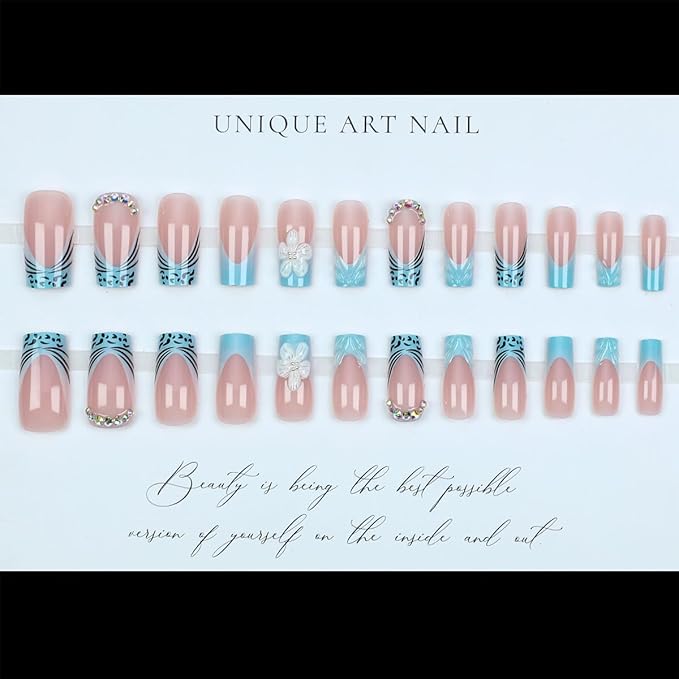 24Pcs Blue French Tip Press on Nails Medium Fake Nails 3D Flower False Nail with Rhinestones Charms Designs Sparkly Glue on Nail Full Cover Artificial Acrylic Nails for Women DIY Manicure