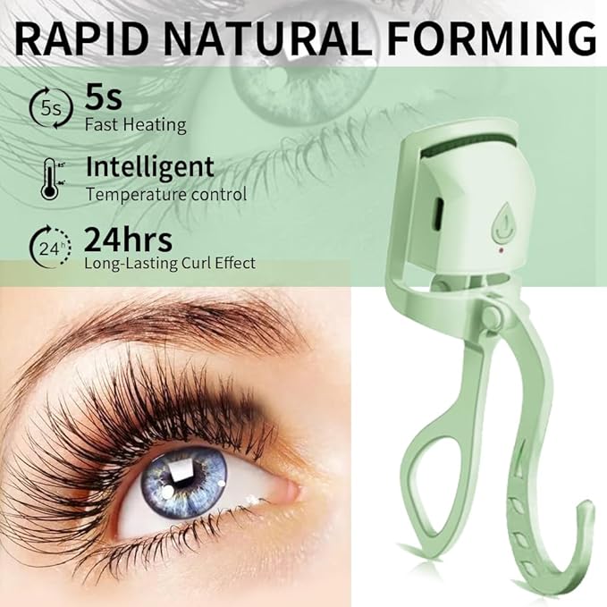 Heated Eyelash Curler – 5s Fast Heat-Up, 24H Long-Lasting Curls, Safe Anti-Burn Design – Rechargeable C-Shaped Electric Lash Curler for Stunning, Effortless Lashes, Green