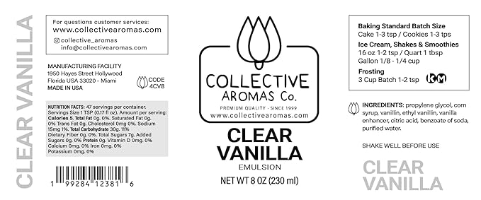 Clear Vanilla Emulsion for Baking - Natural Flavoring Blend for Cookies, Cakes, Ice Cream, Smoothies, Beverages & More - 8 fl oz Kosher, Pure Clear Vanilla Emulsion by Collective Aromas Co.
