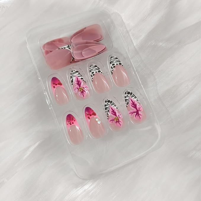24Pcs French Tip Press on Nails Medium Almond Fake Nails 3D Flower Cute Leopard Nail Art Design Acrylic False Nails with Rhinestones Full Cover Pink Embossed Flowers Stick on Nails for Women
