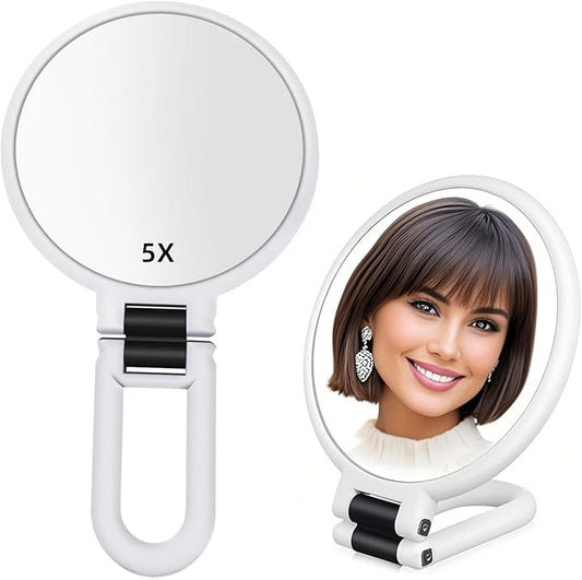 1X 5X Handheld Mirror with Handle for Travel， Magnifying Mirror, Magnification, Rotation Adjustable Handle, Double Sided Folding, Mirror for Women for Eyes Makeup Travel Shaving (White)