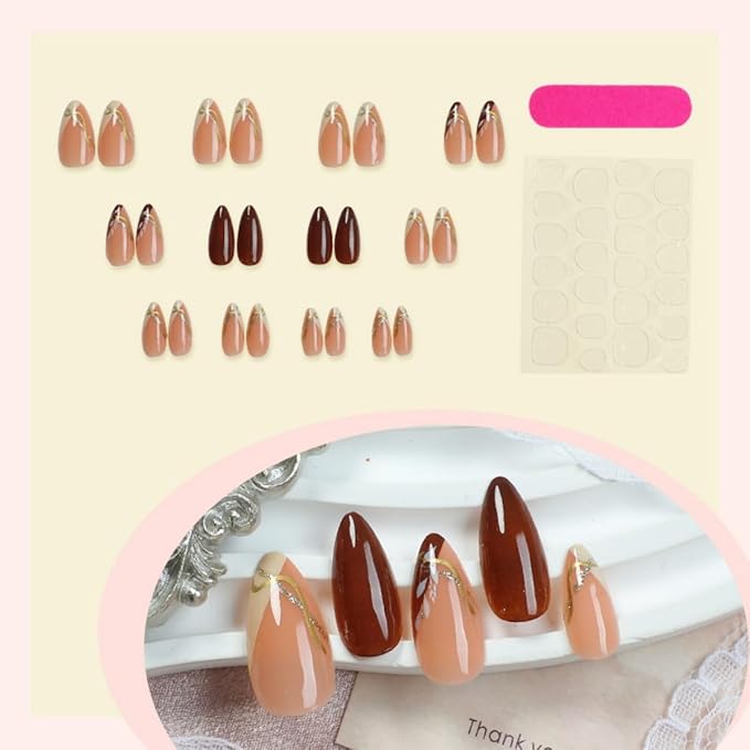 Medium Almond Press on Nails French Tip Fake Nails Gold Line Leaf Design Stick on Nails Glossy Nails Press Ons Reusable Full Cover Acrylic Glue On Nails for Women Nail Art Decoration 24Pcs