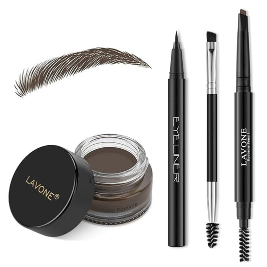LAVONE Eyebrow Stamp Pencil Kit for Eyebrows Makeup, with Waterproof Eyebrow Pencil, Eyeliner, Eyebrow Pomade, and Dual-ended Eyebrow Brush - Medium Brown