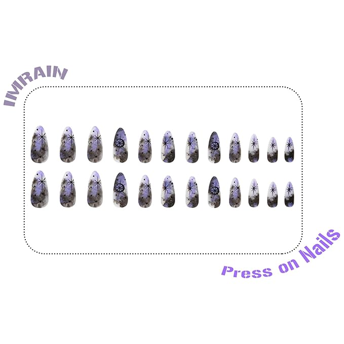 IMRAIN Purple Black Ombre Press on Nails Medium Almond Fake Nails Matte Glue on Nails Full Cover Acrylic False Nails with Black Moon & Star Designs Y2K Stick on Nails for Women 24Pcs
