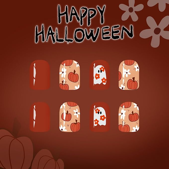Halloween Press on Nails Short Square False Nails Orange Fake Nails White Flower Ghost Pumpkin Design Glossy Spooky Stick on Nail Reusable Holiday Glue on Nail for Women Decor Set