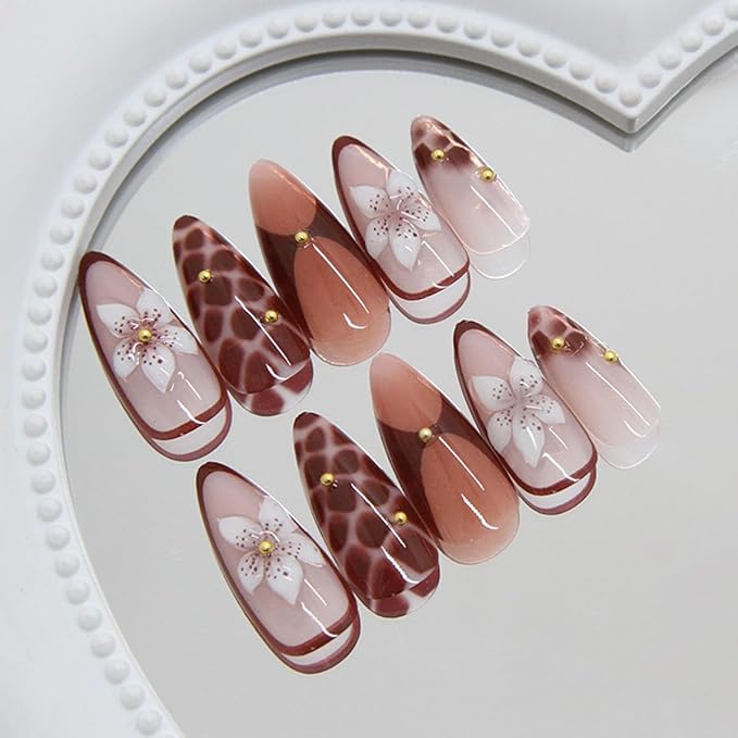 24Pcs Brown Flower Press on Nails Almond Medium Fake Nails with 3D Flower Bead Designs Leopard Brown Acrylic Nails Artificial Glue on Nails Full Cover Fall Stick on Nails for Women