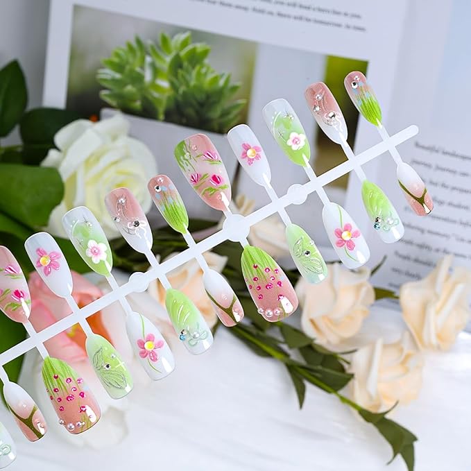 30Pcs Spring Summer Flower Press on Nails Medium Almond Fake Nails with 3D Pearl Rhinestones Handmade Glue on Nails Butterfly Bow False Nails Cute Floral Leaf Acrylic Nails for Women Manicure