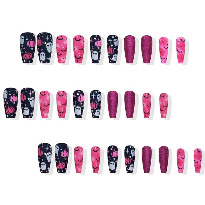 30Pcs Halloween Press on Nails Medium Square Fake Nails with Handmade Pink, Black and White Ghost Pumpkin Bat Rhinestone Nails Design Charms False Nails Glue on Nails for Women DIY Manicure