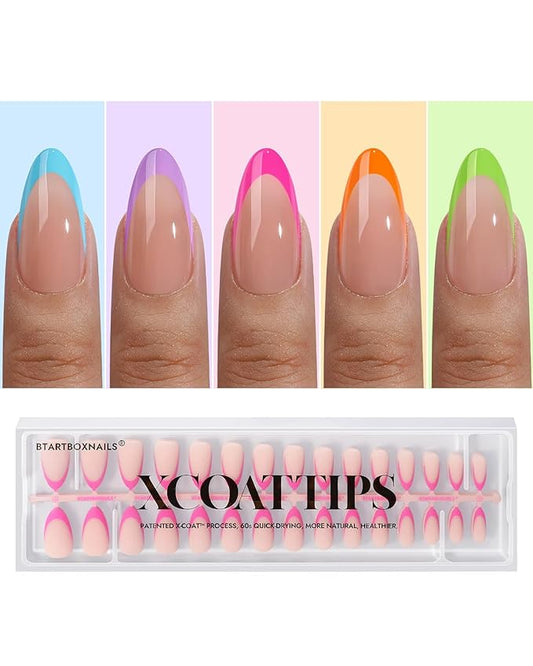 BTArtboxnails XCOATTIPS Brighter Pastel French Tip Press On Nails - Medium Almond Press On Nails, Soft Gel Nail Tips, 150Pcs Soak Off Acrylic Colorful Fake Nail Extension in 15 Sizes