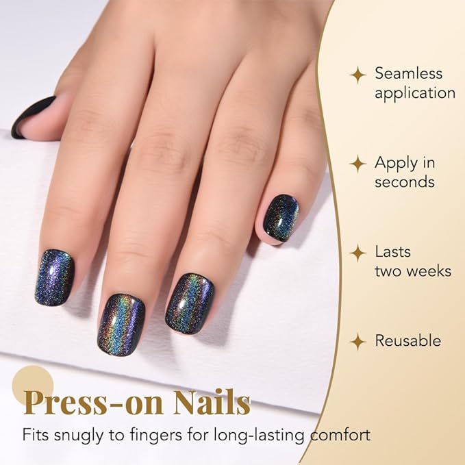 evpct Black Chrome Cat Eye Short Press on Nails Square, Short Square Glue on Nails for Women Gift, Black Metallic Glitter Glossy Reusable Spring Summer Stick Gel Press on Acrylic Fake Nail with Design