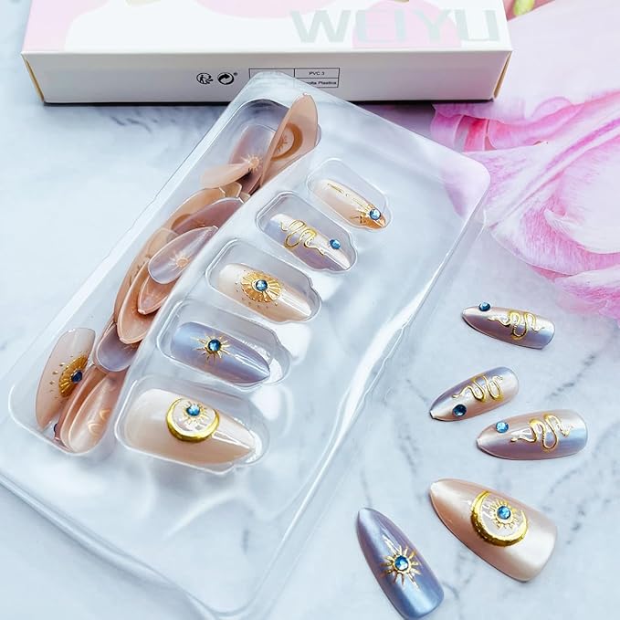 Almond Press on Nails Medium Nude Fake Nails 3D Gold Nails Design Star Moon Rhinestones False Nails Glossy Glue on Nails Artificial Full Cover Stick on Nails for Women Girls Acrylic Manicure 30Pcs