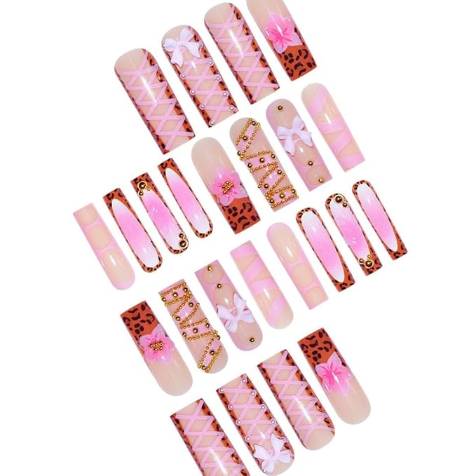 Long Square Press on Nails French Tip Fake Nails Pink False Nails with Bow Designs Floral Artificial Nails Stick on Nails for Women 24pcs