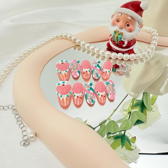 30Pcs Christmas French Tip Press on Nails Medium Almond NEWSPIED Christmas Fake Nails with Designs Cute Gingerbread Men False Nails Winter Xmas Stick on Nails for Women Acrylic Manicure Decoration