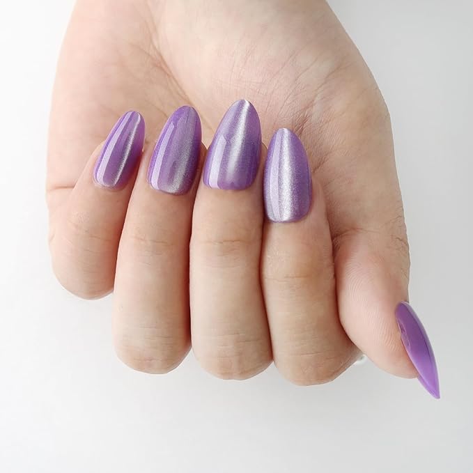 Short Press On Nails Almond Cat Eye Press on Nails with Glue for Women Ashionable Gel False Nails Reusable Acrylic False Nails Women's Glitter Nails Glue On Nails Kit, Lavender