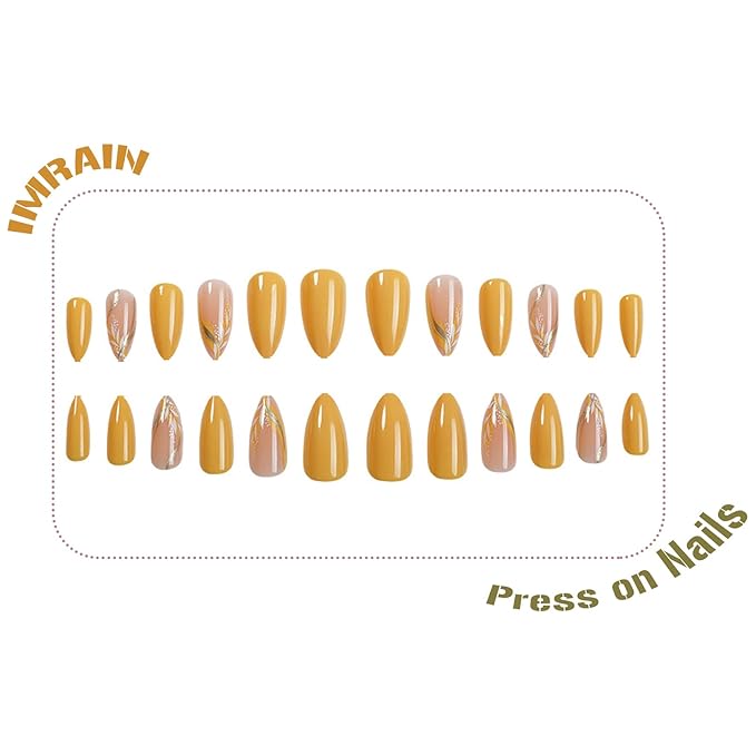 IMRAIN Almond Press on Nails Medium False Nails Yellow Full Cover Acrylic French Glue on Nails Glossy Artificial Stick on False Nails for Women 24Pcs