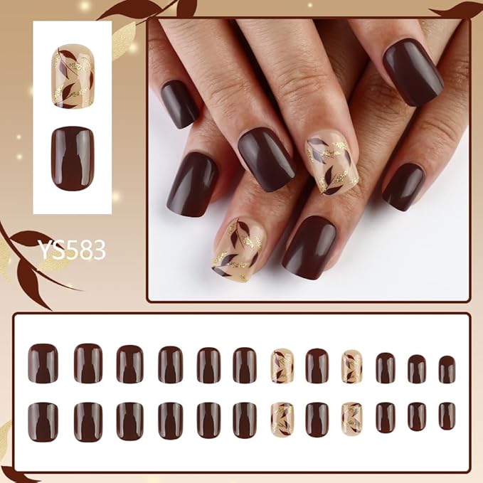 Square Press on Nails Short Brown Fake Nails Gold Glitter Brown Leaf Artificial False Nails Full Cover Acrylic Glue on Nails Cute Stick on Nails for Women Girls Nail Art Decorations 24Pcs