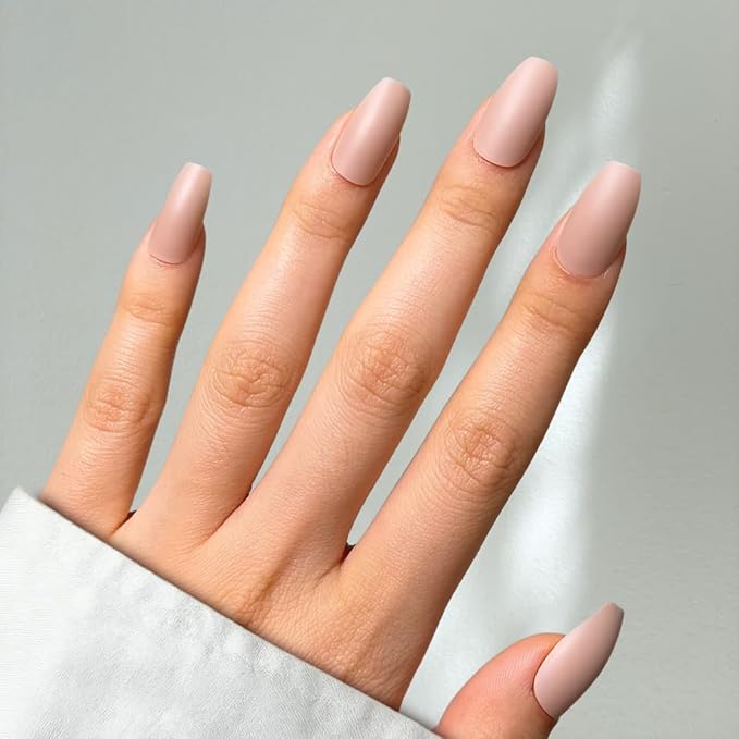 Perfect Look Press On Nails - Bare Blush | No Glue One-Day Short Coffin Nails, Matte Nude Fake Nails with Natural Finish - 24 Pcs Nail Kit with Adhesive Tabs