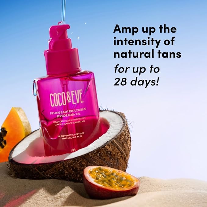 Coco & Eve Firming & Tan Prolonging Peptide Body Oil. Up to 28 Days Natural Tan Extender. After Sun Care with Tropical Oils, Vitamins C & E for Nourished, Glowy & Visibly Firmer Skin. (5.75 fl oz)