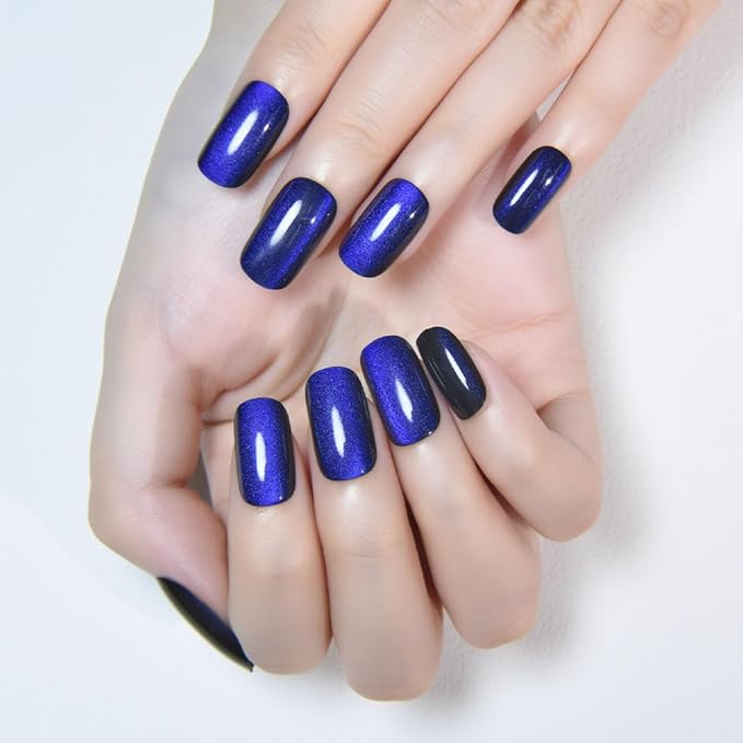 Royal Blue Cat Eye Press on Nails Medium Square, Medium Square Press Glue on Nails Chrome for Women Gift, Blue Holographic Glitter Glossy Reusable Soft Gel Acrylic Fake Nail with Designs Cateye Effect