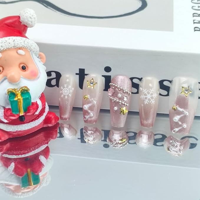 10Pcs Christmas Press on Nails Medium Square Pink Fake Nails Christmas Handmade Nails with 3D Pearl Rhinestones Design Glossy Full Cover Glue on Nails for Women Girls DIY Winter Acrylic Stick on Nails