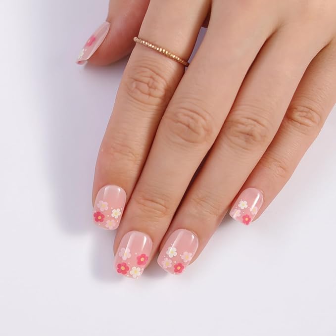 Summer Press on Nails Short Square, Pink Fake Nails with Cute Blossom Designs, Glossy Gel Finish Acrylic Nails, Thick Natural Reusable Glue on Nails Kit for Women, 15 Sizes - 30Pcs, Sweet Bloom