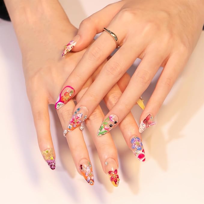 24pcs Colorful Flower Press on Nails Medium Almond Fake Nails with 3D Summer Floral Butterfly Rhinestone Design Glue on Nails French Tip False Nails Gold Beads Acrylic Nails Stick on Nails for Women
