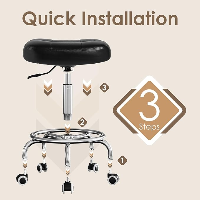 Rolling Stool Wider Rectangular Cushion-Provides a Comfortable, Stable Support Surface with Loop Footrest for Leg Support,Adjustable Stool with Wheels for Salon Tattoo Massage Office Home (Black)