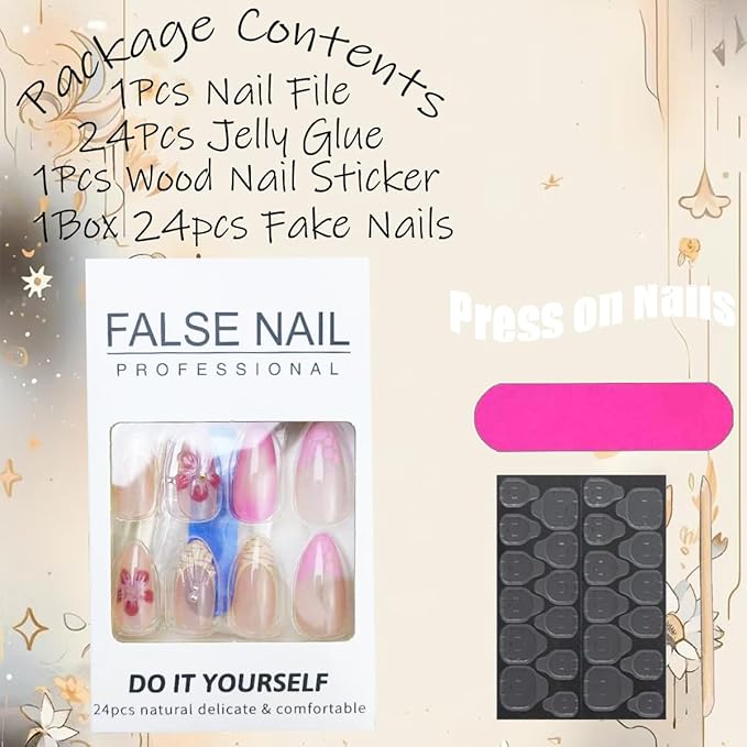 Short Press on Nails Almond Nails Tips Autumn Fake Nails French Tip Glue on Nails Nude Gloss Acrylic Nail Reusable 3D Flower Stick on Nail Full Cover False Nail for Women Manicure Accessories 24Pcs