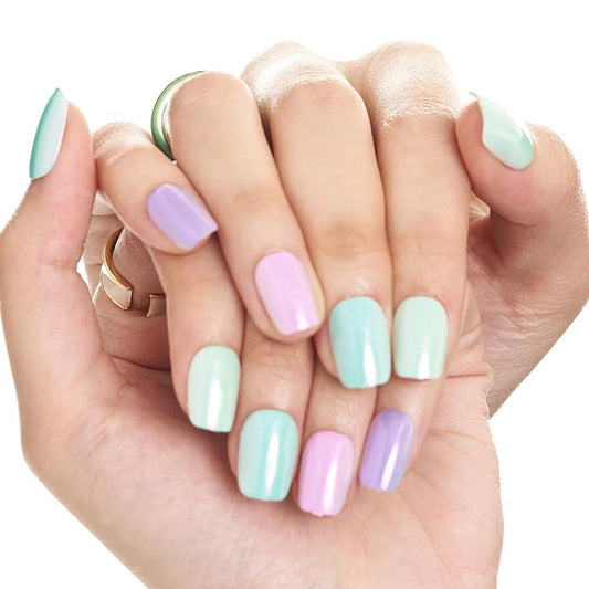GLAMERMAID Press on Nails Extra Short Square, Color Skipping Chrome Spring Handmade Gel Glue on Nails, Glossy Fake Nails Reusable Acrylic False Nails Manicure Kits for Women