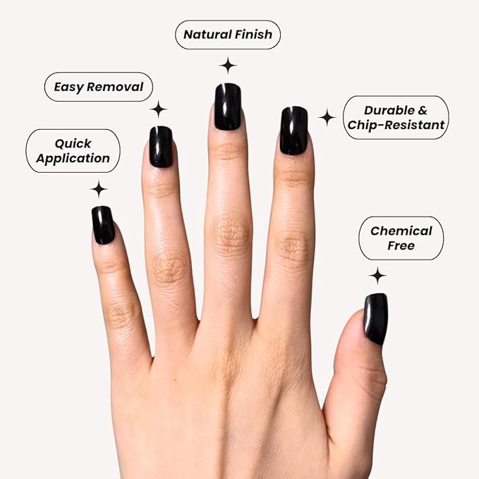 Perfect Look Press On Nails - Black Mirror | No Glue One-Day Short Square Nails, Glossy Jet Black Fake Nails with Gloss Finish - 24 Pcs Nail Kit with Adhesive Tabs