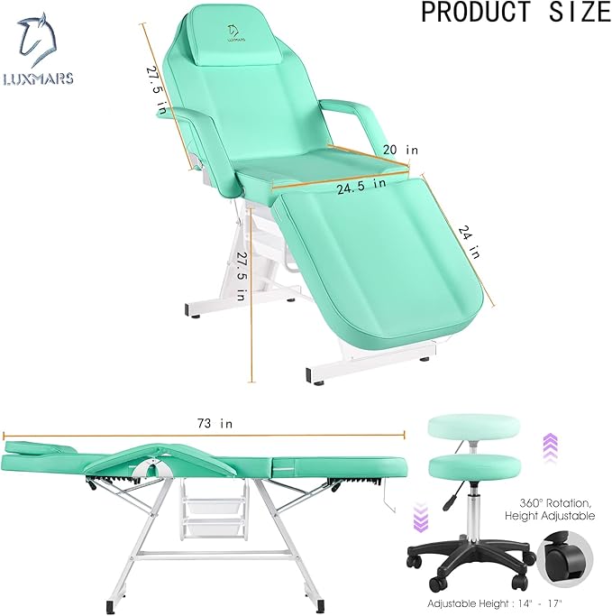 Massage Spa Bed Facial Chair Table Tattoo Chair 73in 3-Section Multipurpose Massage Bed Professional Facial Chair Tattoo Table Beauty Spa Salon Equipment Light Green