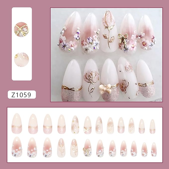 24Pcs Flower Press on Nails Almond Medium Charms Fake Nails with Rhinestones Design French Nails Gold Bow False Nails Full Cover Golden Rose Flower Stick on Nails DIY Manicure Daily Wear for Women