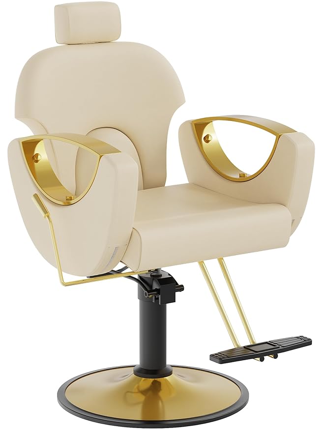 Barber Chair, Salon Chair for Hair Stylist, Height Adjustable Hydraulic Hair Reclining Salon Chairs, 360 Degrees Rotation, Multi-Function Shampoo Chair for Barbershop (Beige)
