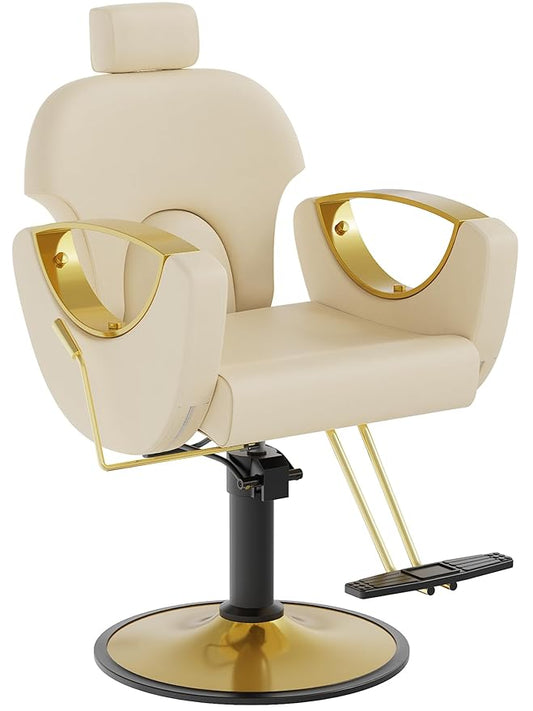 Barber Chair, Salon Chair for Hair Stylist, Height Adjustable Hydraulic Hair Reclining Salon Chairs, 360 Degrees Rotation, Multi-Function Shampoo Chair for Barbershop (Beige)